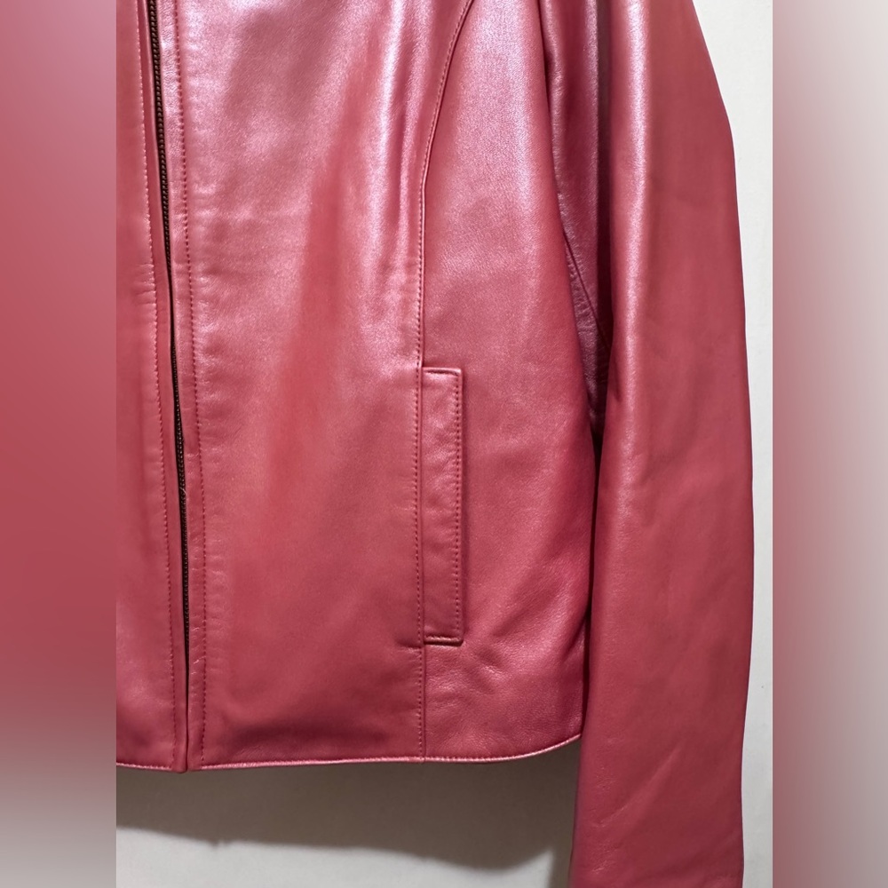 Liz Claiborne Pink Salmon Soft Leather Jacket Full Zip Paisley Lined  Women’s 14 - Picture 10 of 16